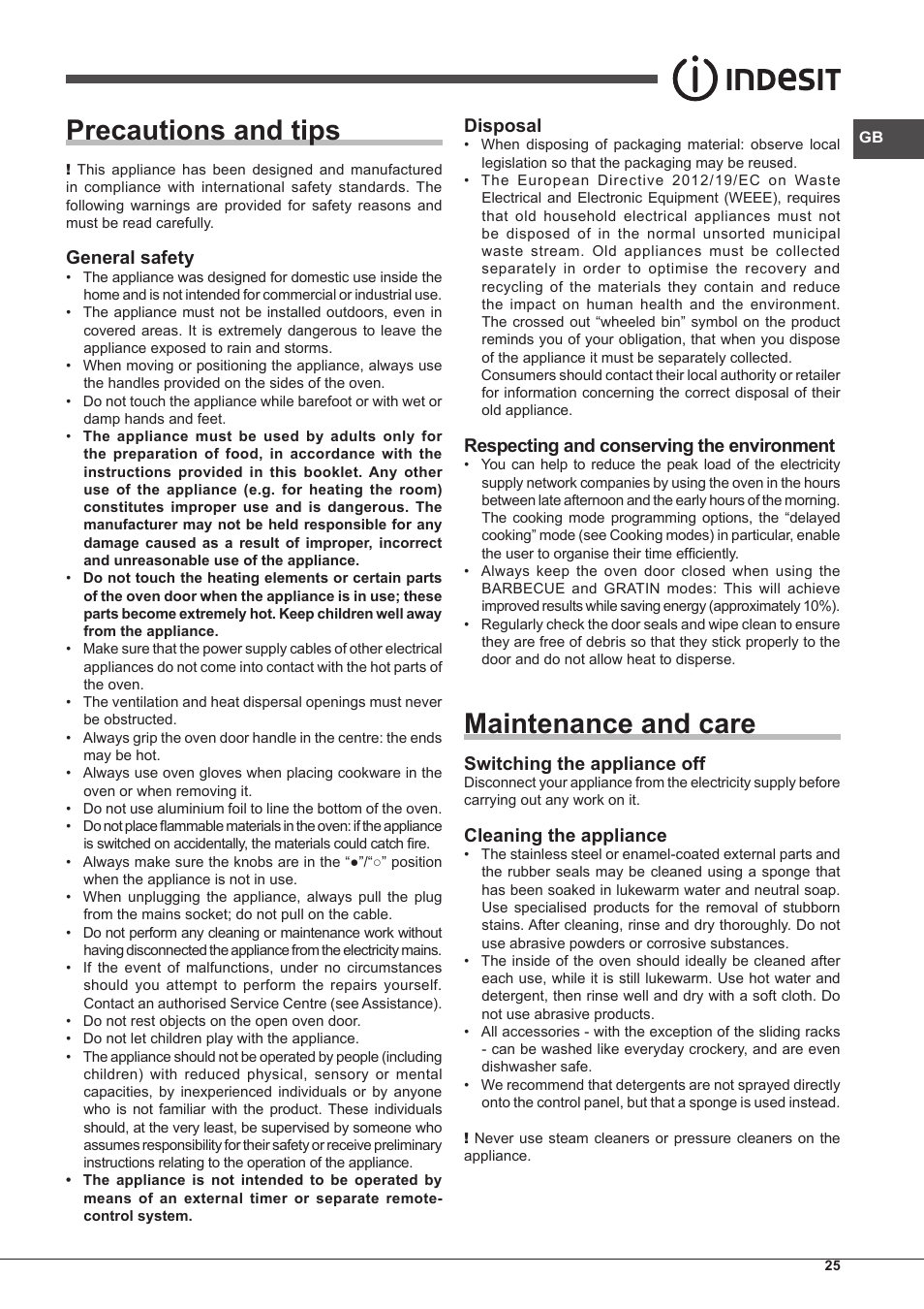 Precautions and tips, Maintenance and care, General safety | Disposal, Respecting and conserving the environment, Switching the appliance off, Cleaning the appliance | Indesit IFG-63-K.A-(WH)-S User Manual | Page 25 / 72