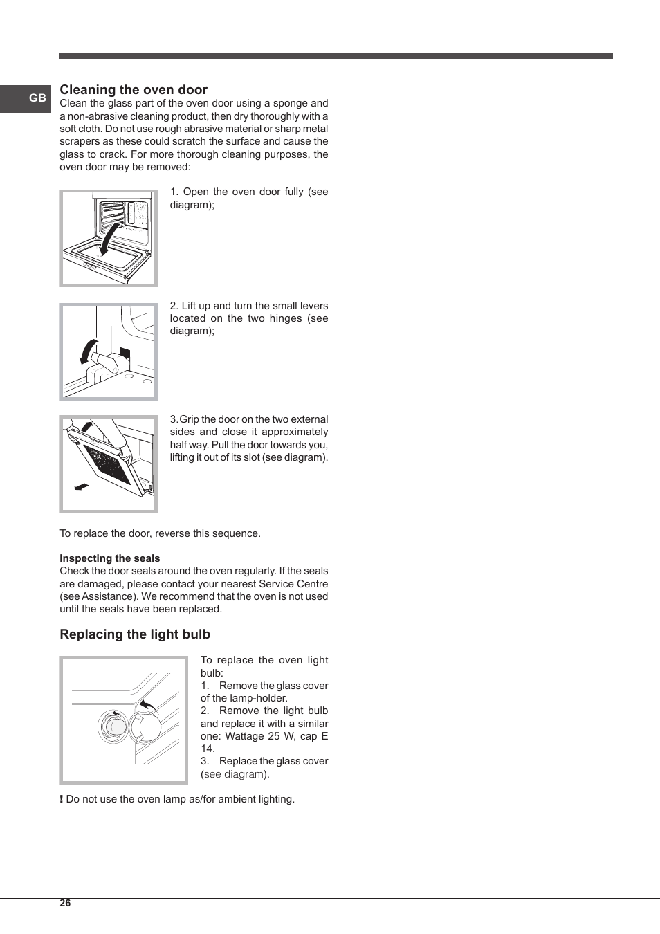 Cleaning the oven door, Replacing the light bulb | Indesit IFG-63-K.A-(WH)-S User Manual | Page 26 / 72