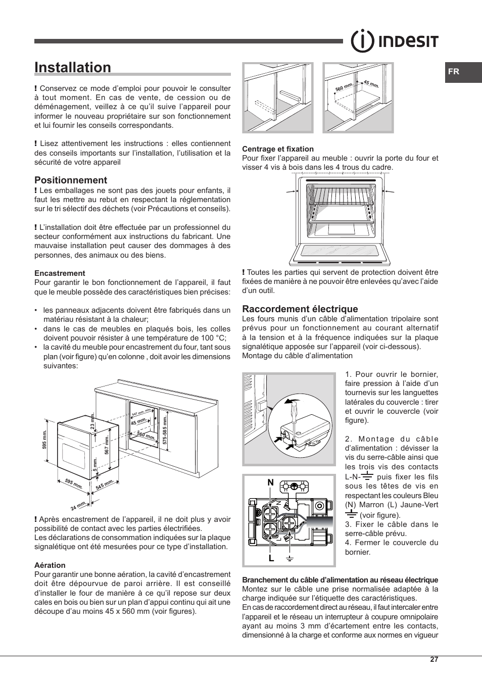 Installation, Positionnement, Raccordement électrique | Indesit IFG-63-K.A-(WH)-S User Manual | Page 27 / 72