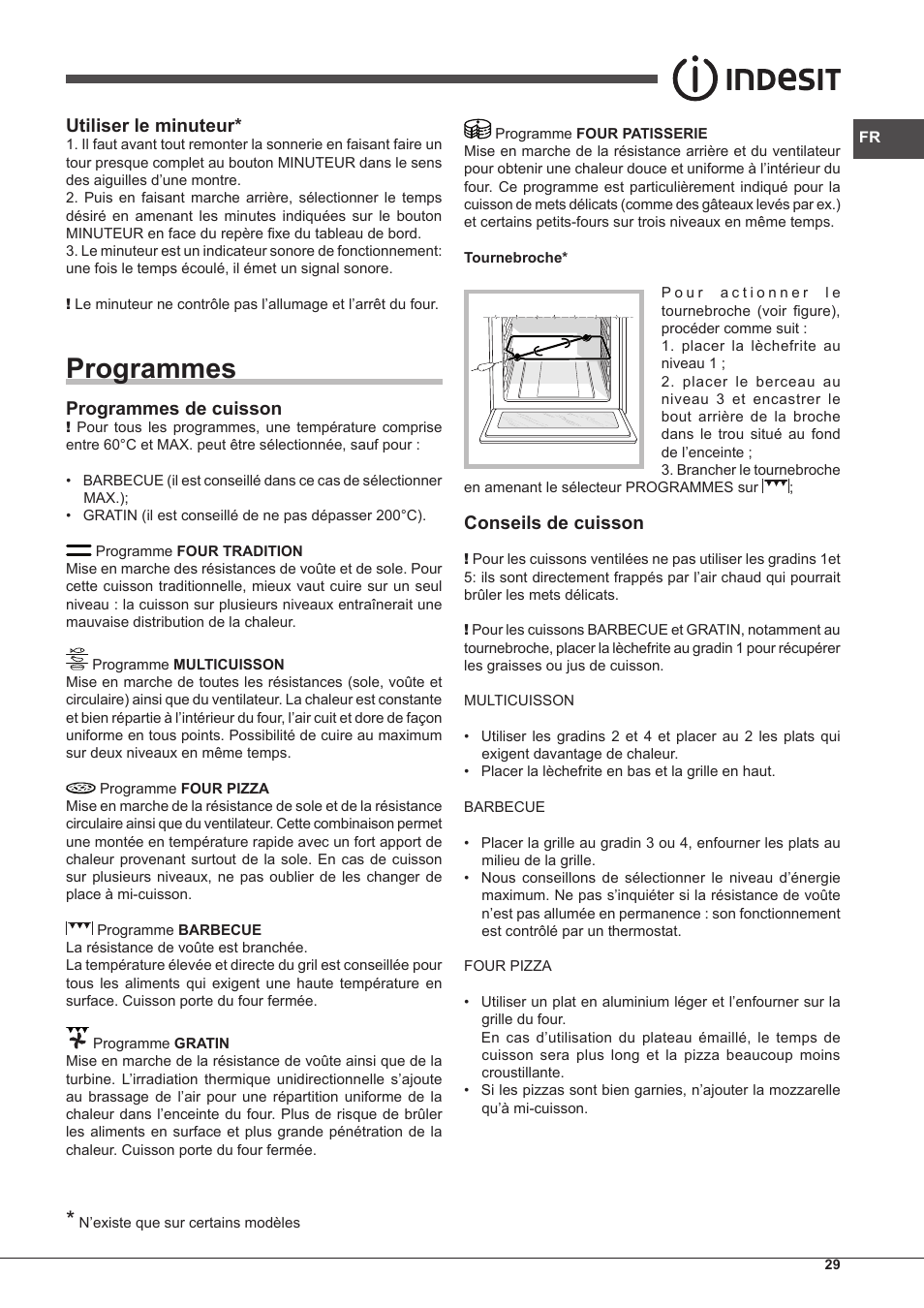 Programmes, Utiliser le minuteur, Programmes de cuisson | Conseils de cuisson | Indesit IFG-63-K.A-(WH)-S User Manual | Page 29 / 72