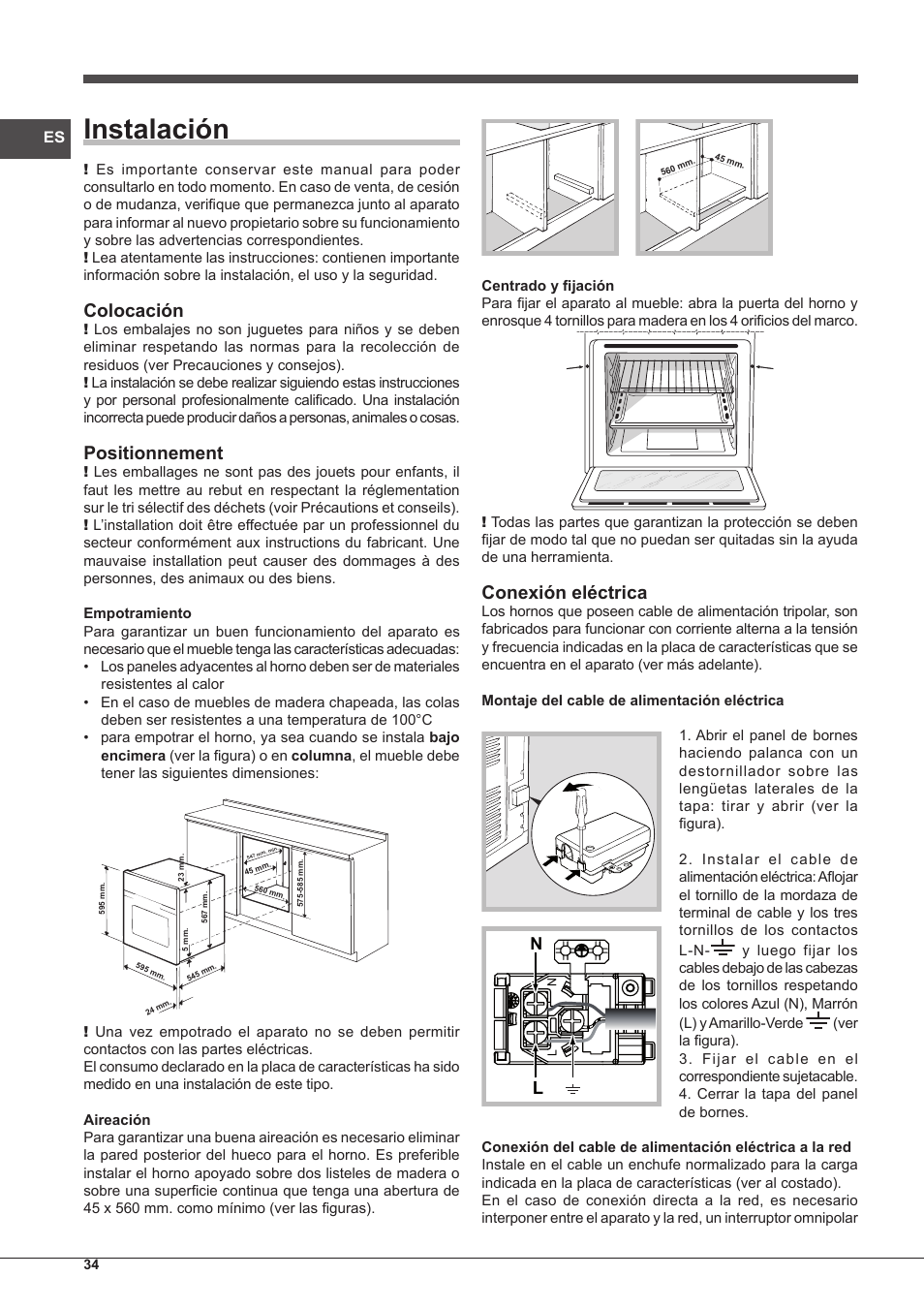 Instalación, Colocación, Positionnement | Conexión eléctrica | Indesit IFG-63-K.A-(WH)-S User Manual | Page 34 / 72
