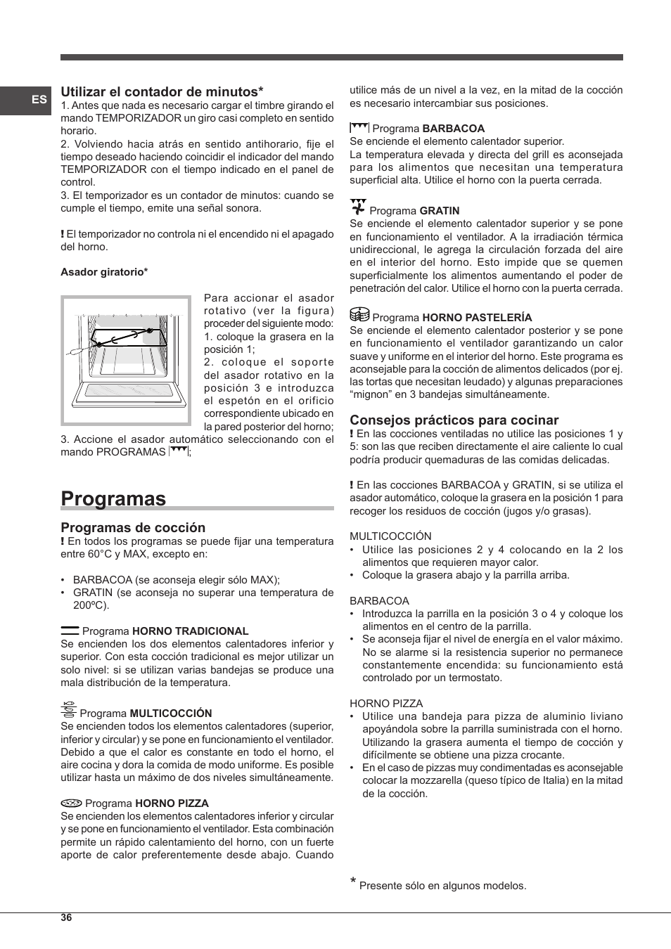 Programas, Utilizar el contador de minutos, Programas de cocción | Consejos prácticos para cocinar | Indesit IFG-63-K.A-(WH)-S User Manual | Page 36 / 72