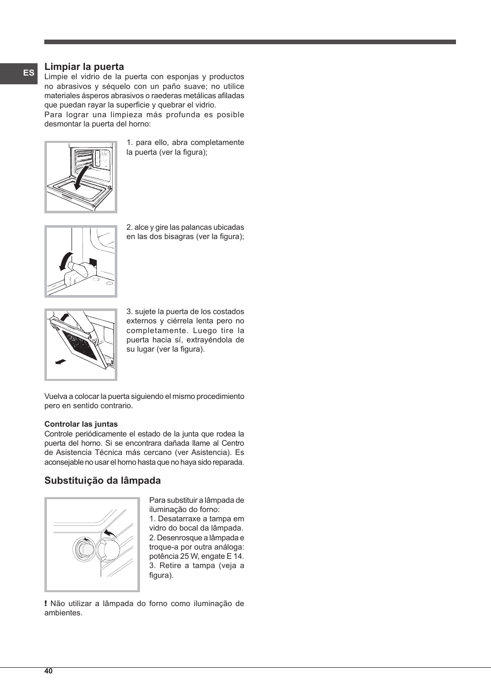 Limpiar la puerta, Substituição da lâmpada | Indesit IFG-63-K.A-(WH)-S User Manual | Page 40 / 72