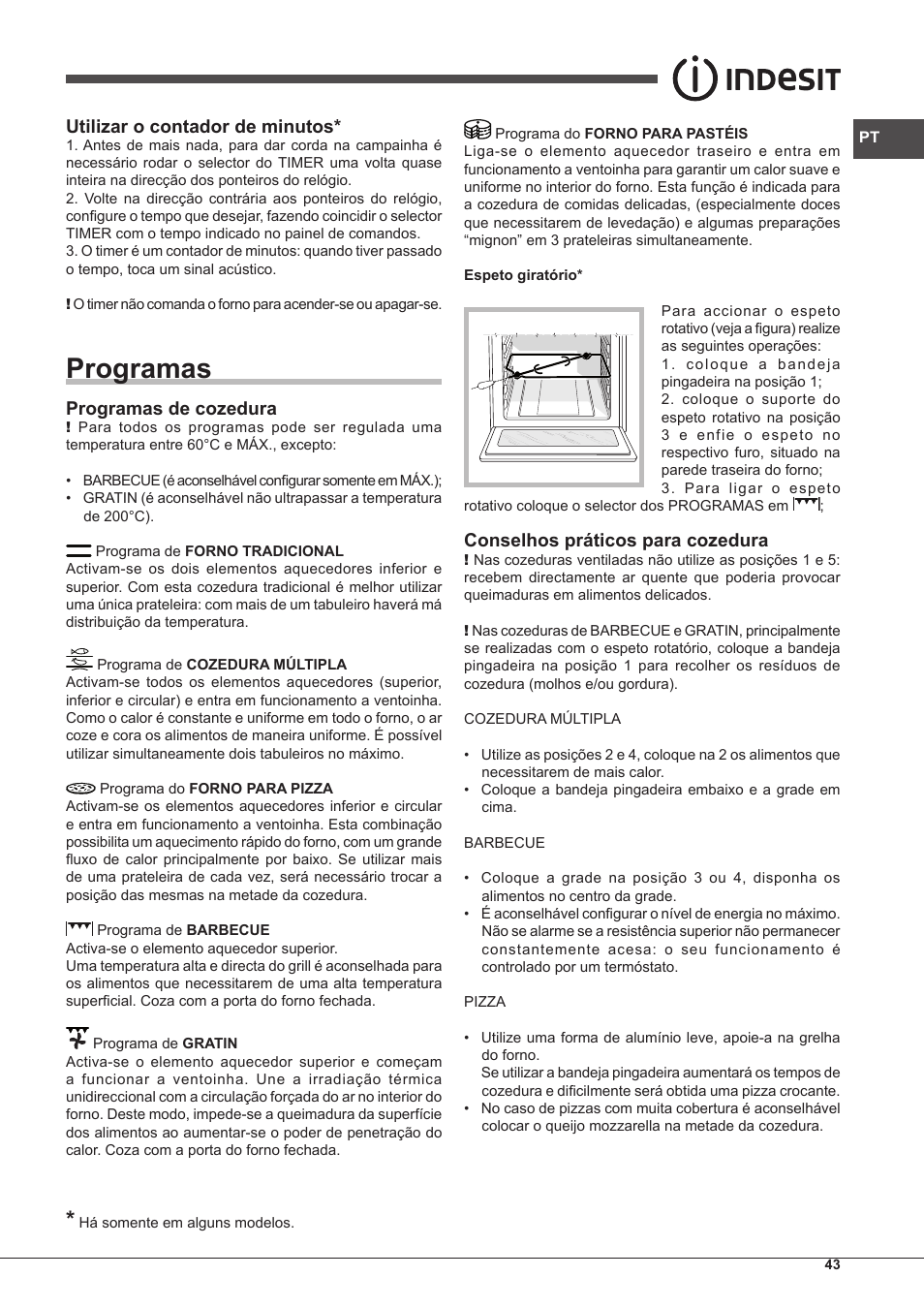 Programas, Utilizar o contador de minutos, Programas de cozedura | Conselhos práticos para cozedura | Indesit IFG-63-K.A-(WH)-S User Manual | Page 43 / 72