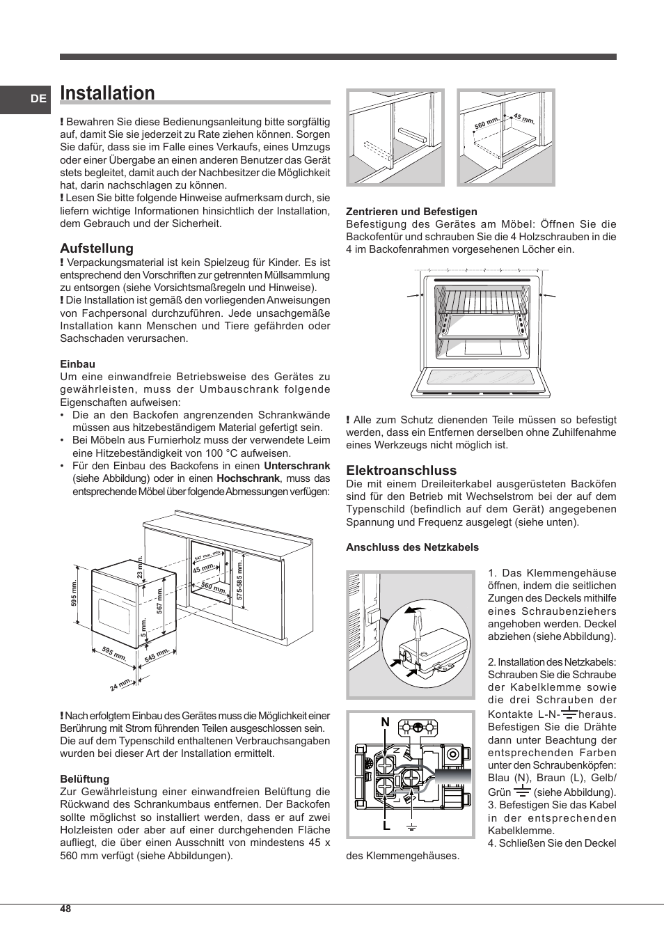 Installation, Aufstellung, Elektroanschluss | Indesit IFG-63-K.A-(WH)-S User Manual | Page 48 / 72