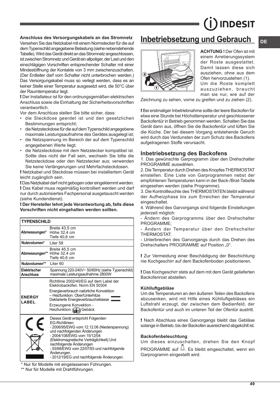 Inbetriebsetzung und gebrauch, Inbetriebsetzung des backofens | Indesit IFG-63-K.A-(WH)-S User Manual | Page 49 / 72