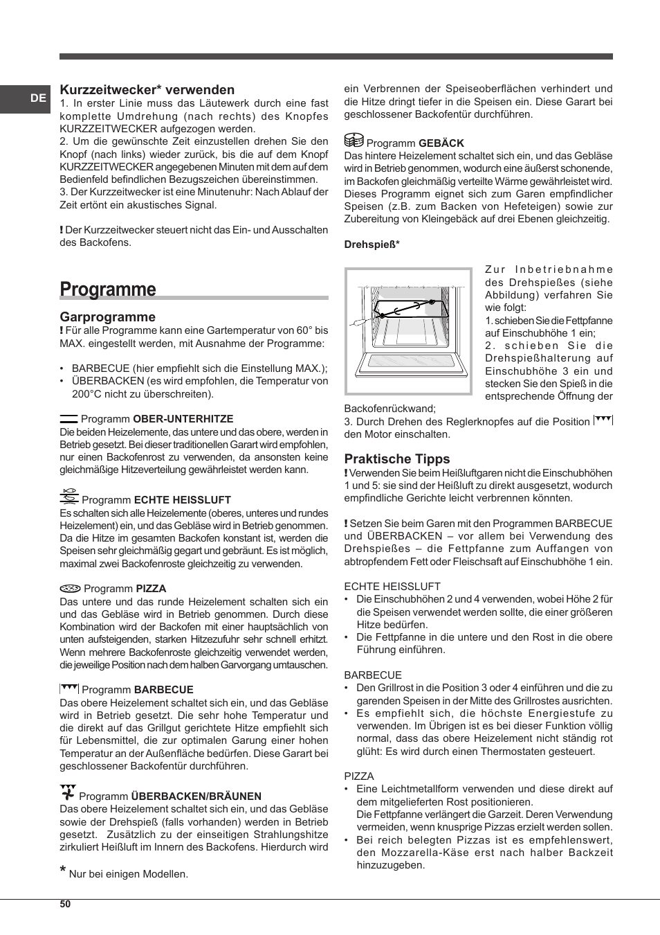 Programme, Kurzzeitwecker* verwenden, Garprogramme | Praktische tipps | Indesit IFG-63-K.A-(WH)-S User Manual | Page 50 / 72