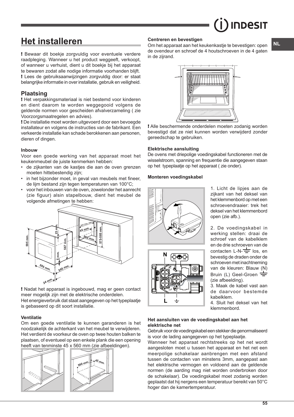 Het installeren, Plaatsing | Indesit IFG-63-K.A-(WH)-S User Manual | Page 55 / 72