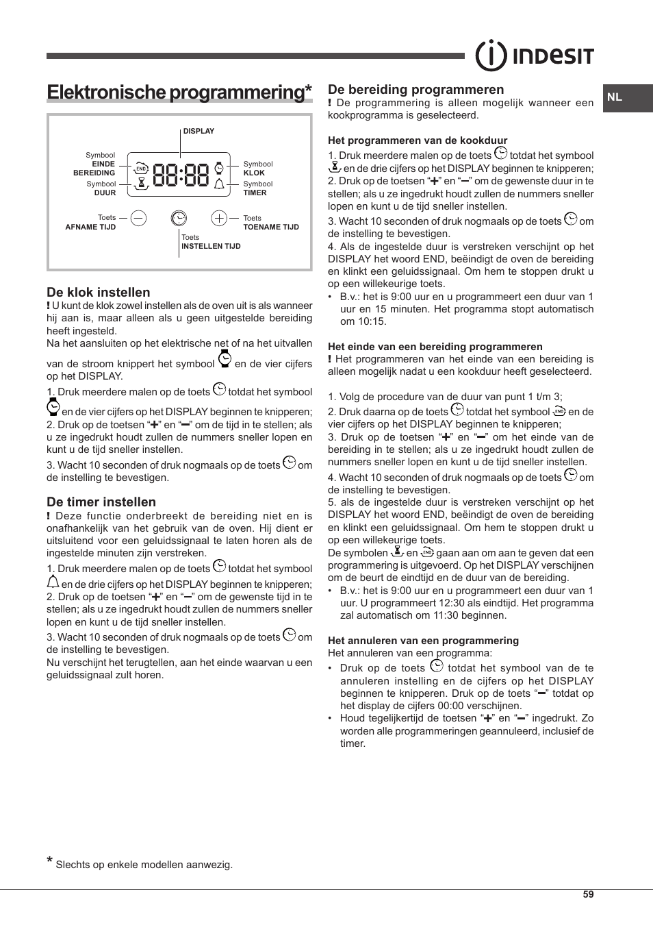 Elektronische programmering, De klok instellen, De timer instellen | De bereiding programmeren | Indesit IFG-63-K.A-(WH)-S User Manual | Page 59 / 72