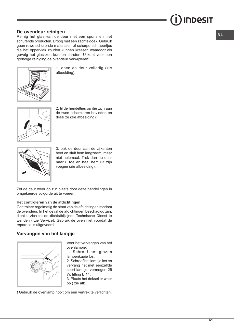 De ovendeur reinigen, Vervangen van het lampje | Indesit IFG-63-K.A-(WH)-S User Manual | Page 61 / 72