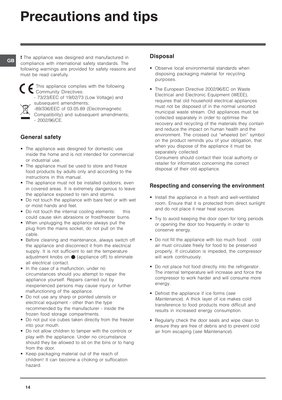 Precautions and tips | Indesit IN-D-2412 User Manual | Page 14 / 24