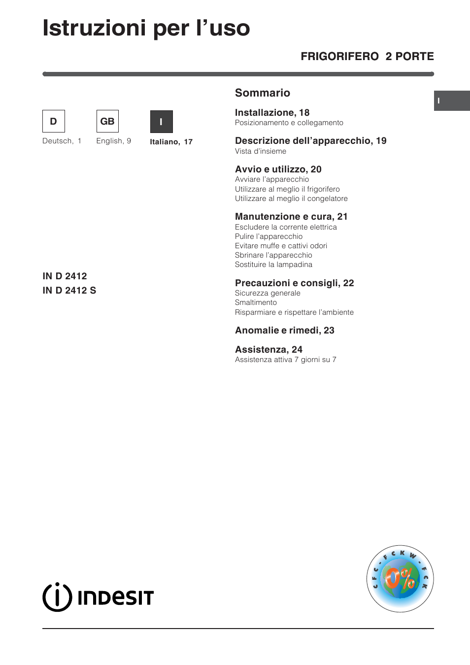 00267it, Istruzioni per l’uso | Indesit IN-D-2412 User Manual | Page 17 / 24