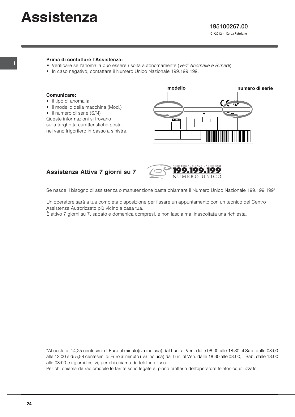 Assistenza, Assistenza attiva 7 giorni su 7, Modello numero di serie | Indesit IN-D-2412 User Manual | Page 24 / 24