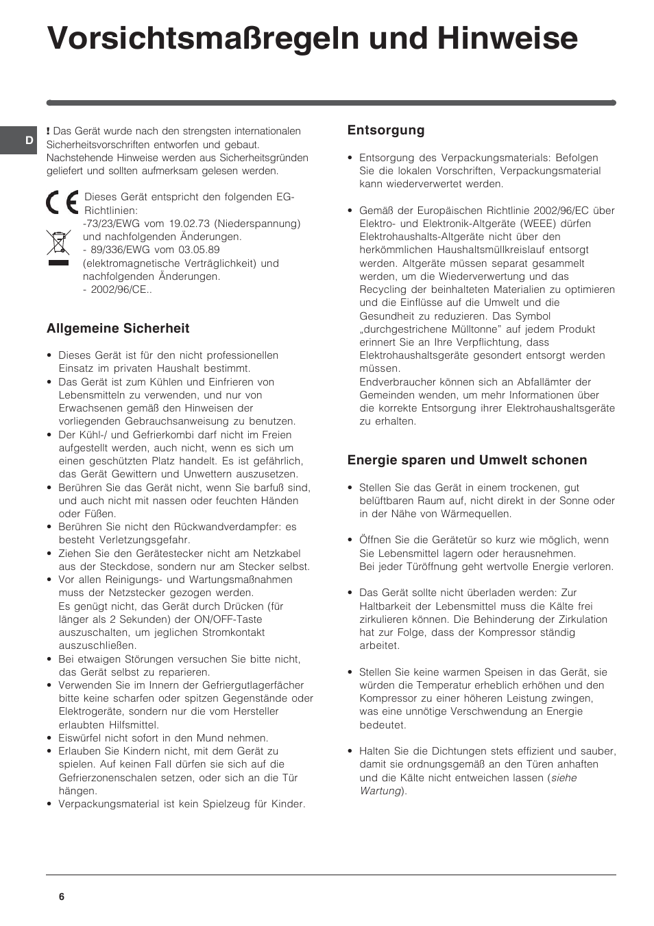 Vorsichtsmaßregeln und hinweise | Indesit IN-D-2412 User Manual | Page 6 / 24