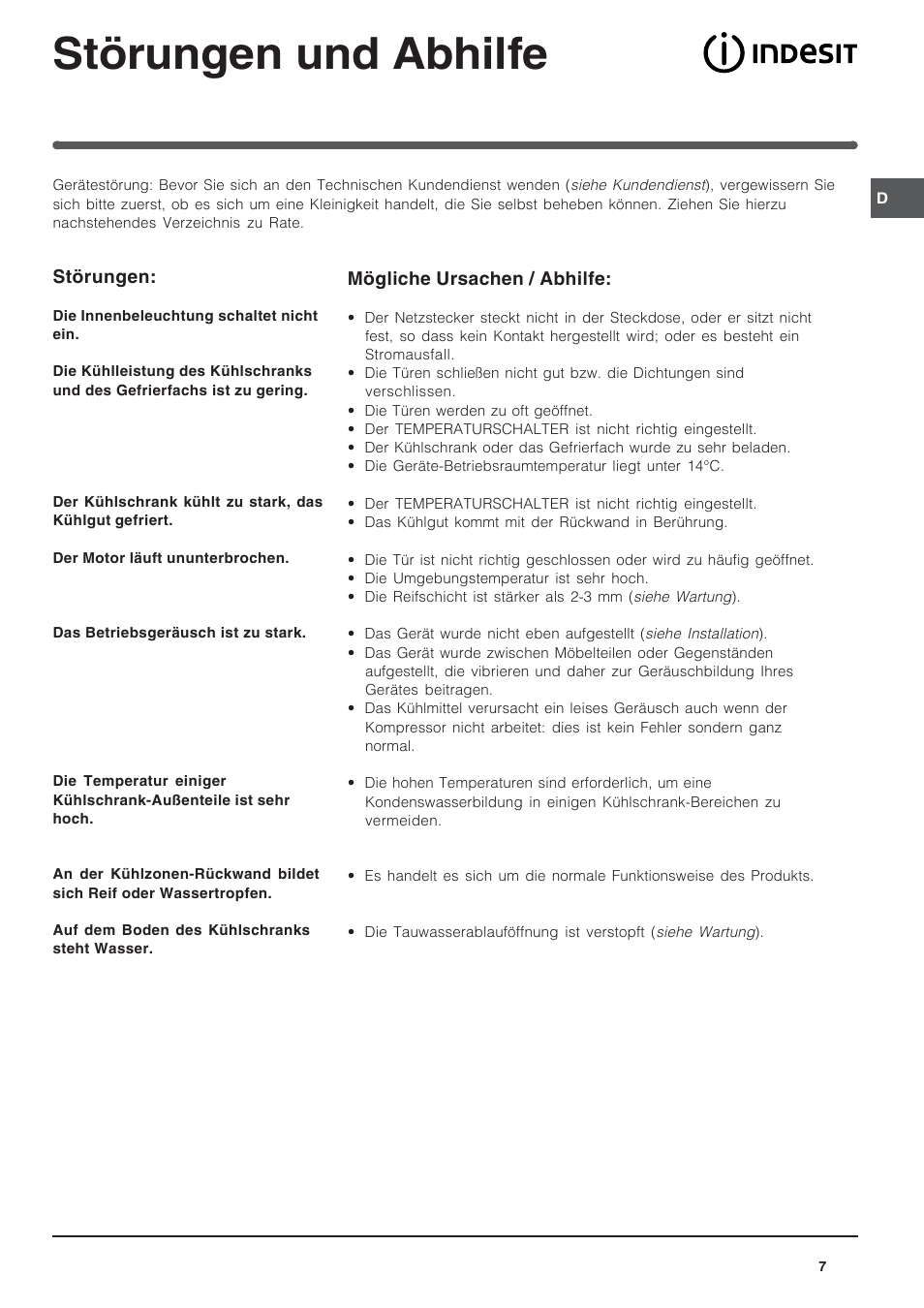 Störungen und abhilfe | Indesit IN-D-2412 User Manual | Page 7 / 24