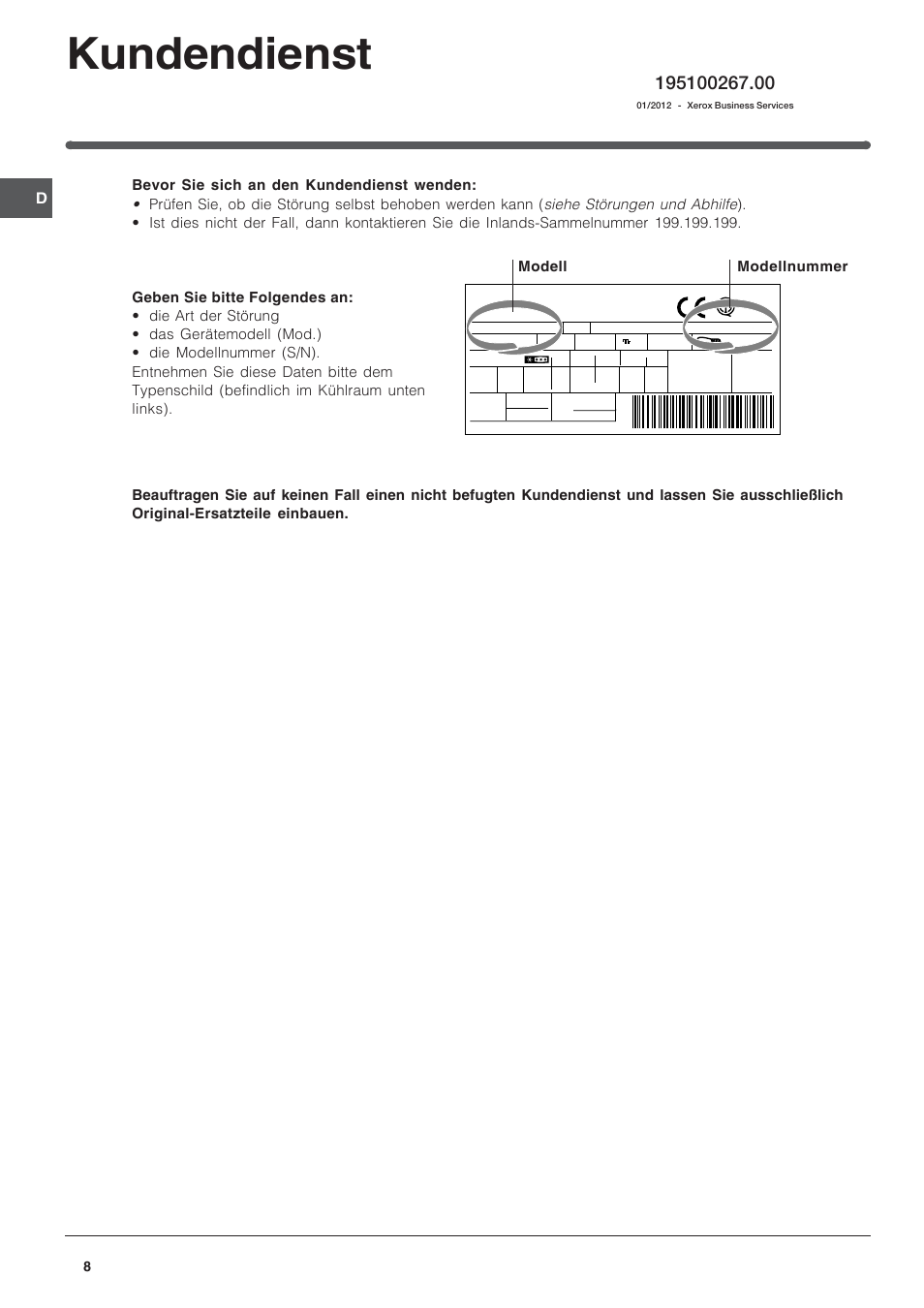 Kundendienst, Modell modellnummer | Indesit IN-D-2412 User Manual | Page 8 / 24