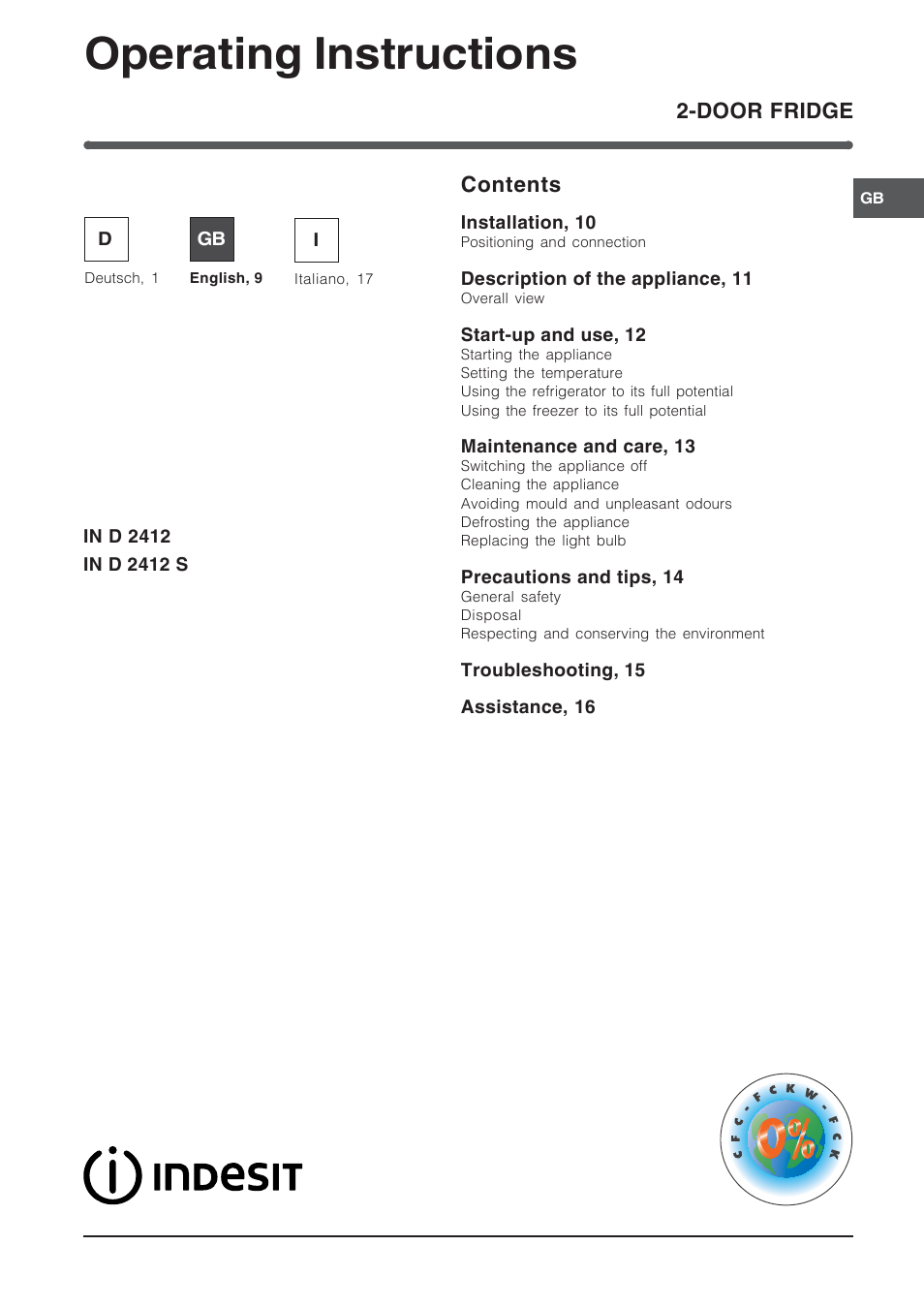 00267gb, Operating instructions | Indesit IN-D-2412 User Manual | Page 9 / 24