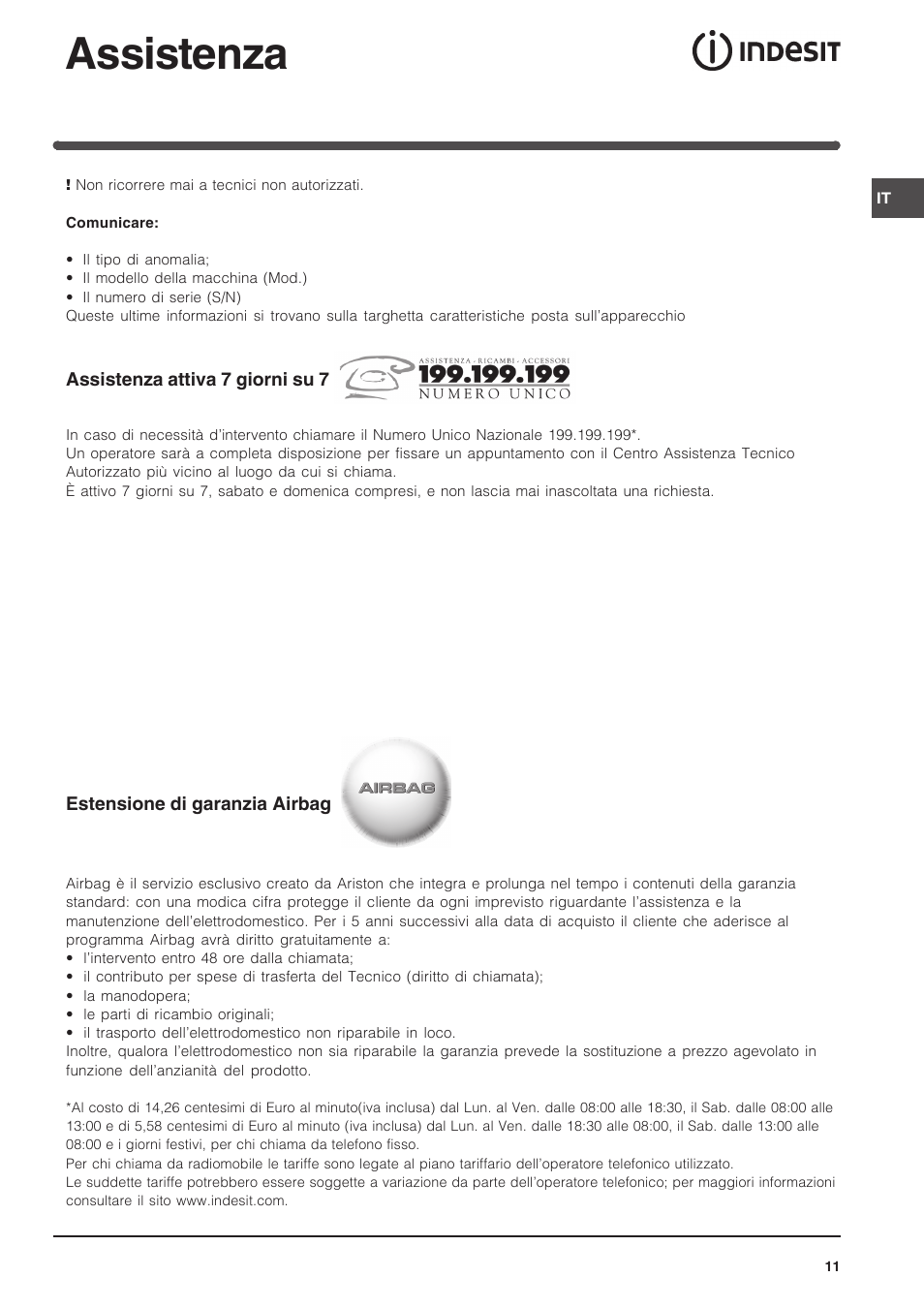 Assistenza | Indesit FIM-734-K.A-IX User Manual | Page 11 / 72