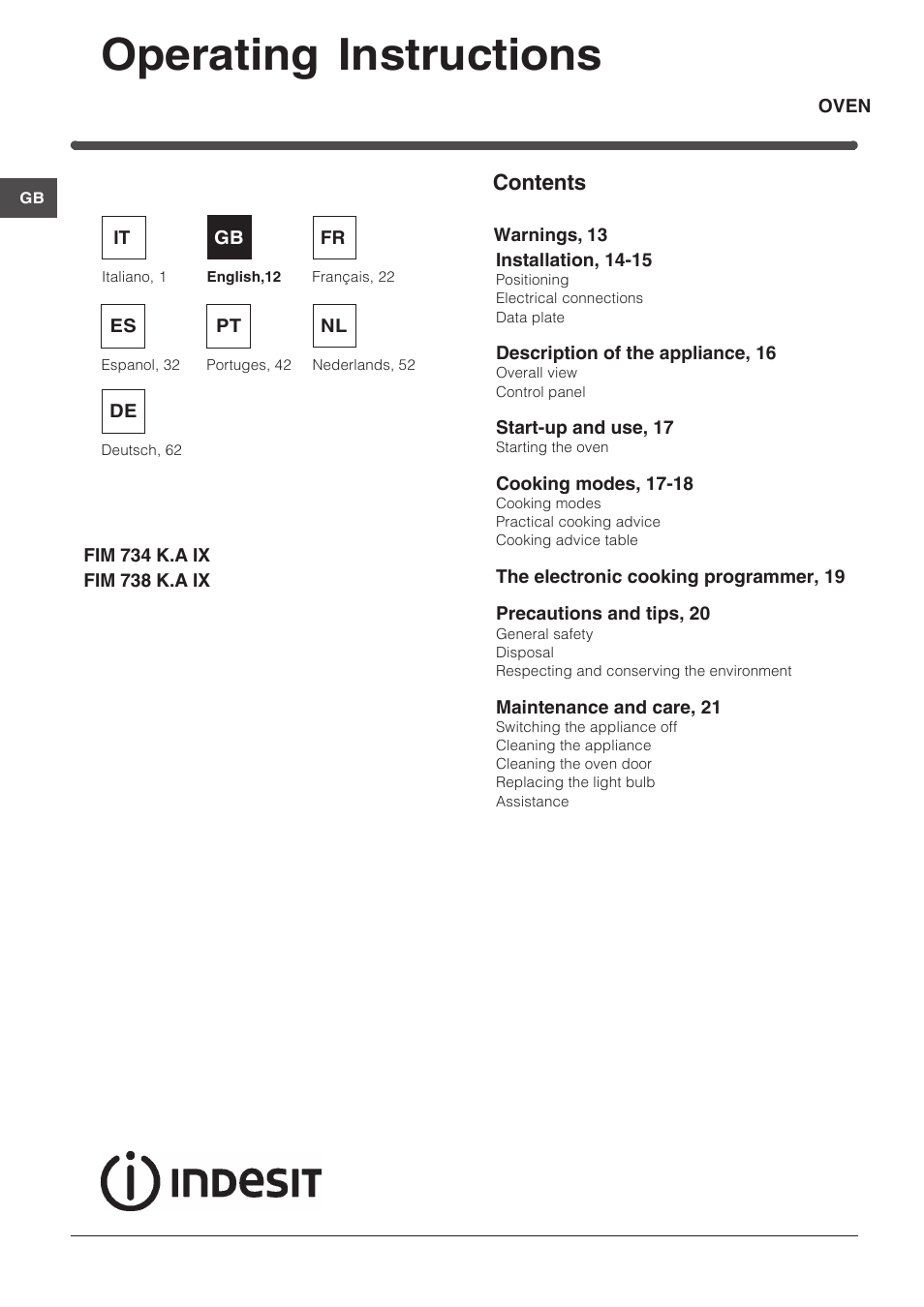 Indesit FIM-734-K.A-IX User Manual | Page 12 / 72
