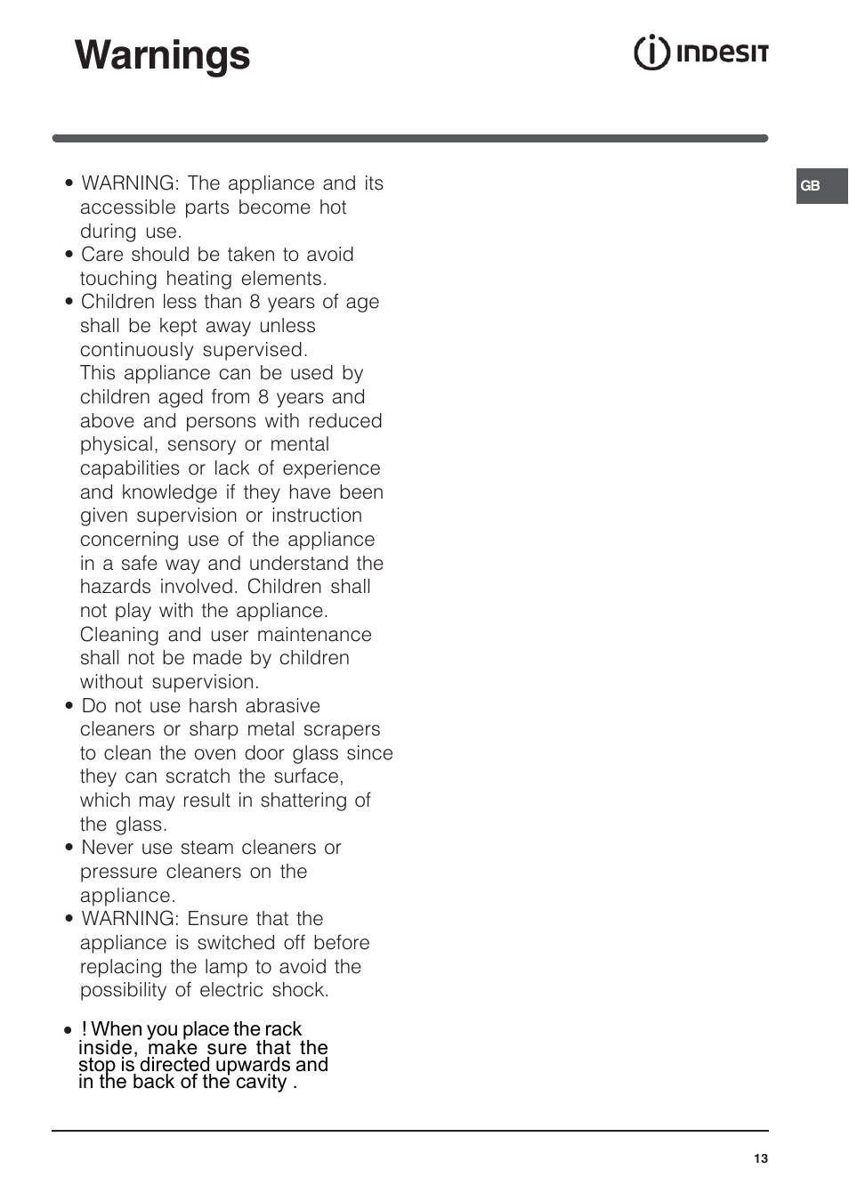 Warnings | Indesit FIM-734-K.A-IX User Manual | Page 13 / 72