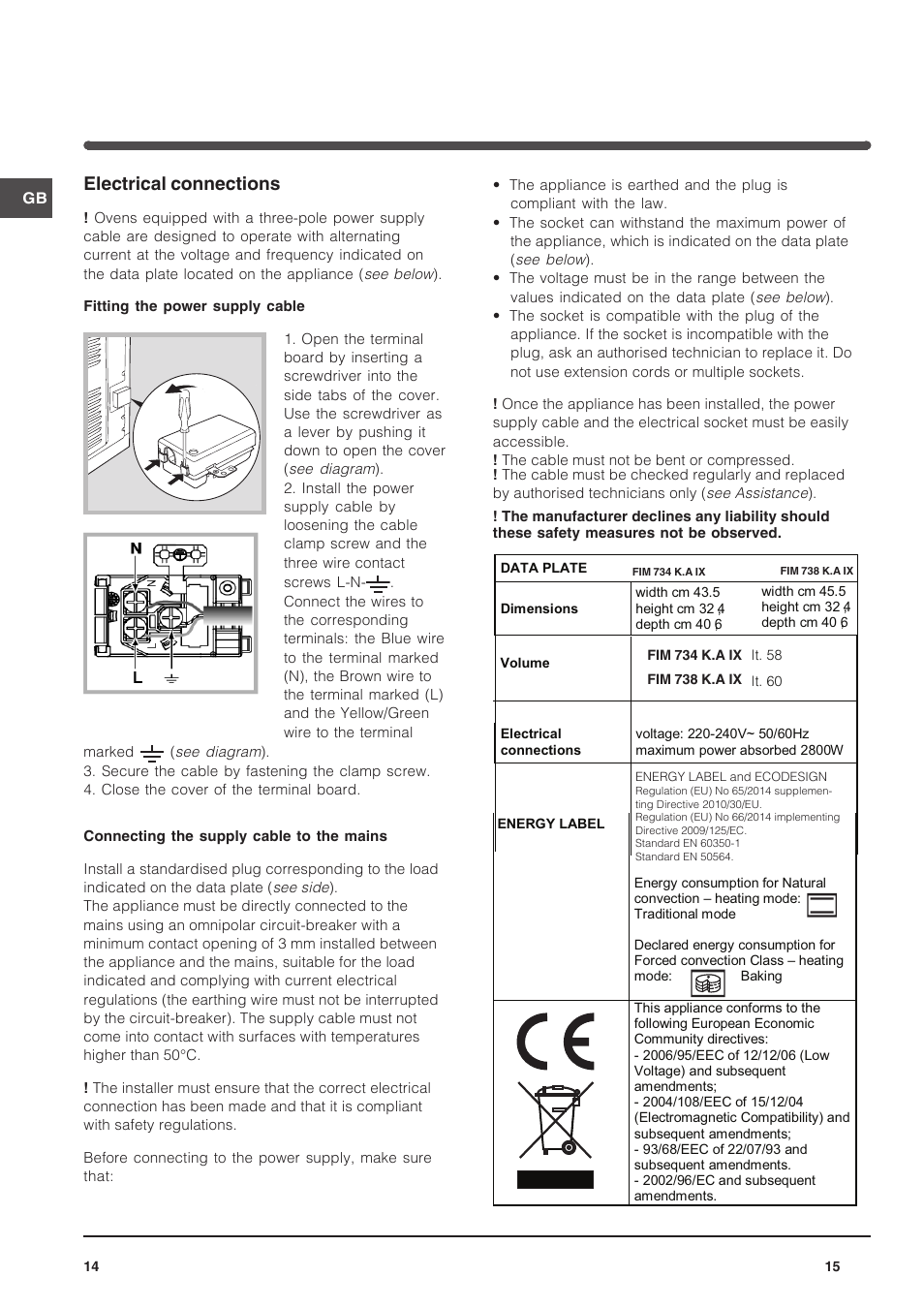 Electrical connections | Indesit FIM-734-K.A-IX User Manual | Page 15 / 72