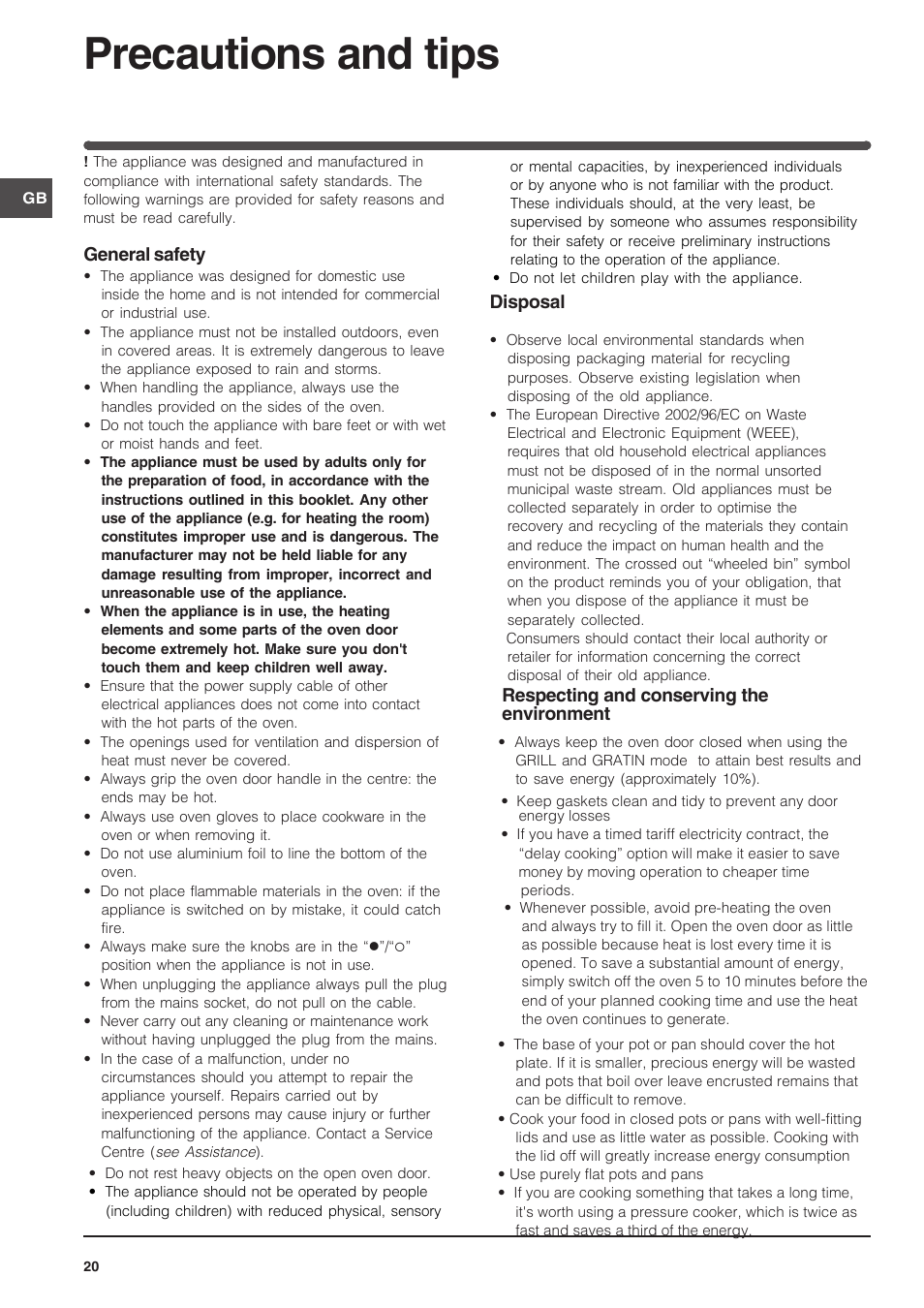 Precautions and tips | Indesit FIM-734-K.A-IX User Manual | Page 20 / 72