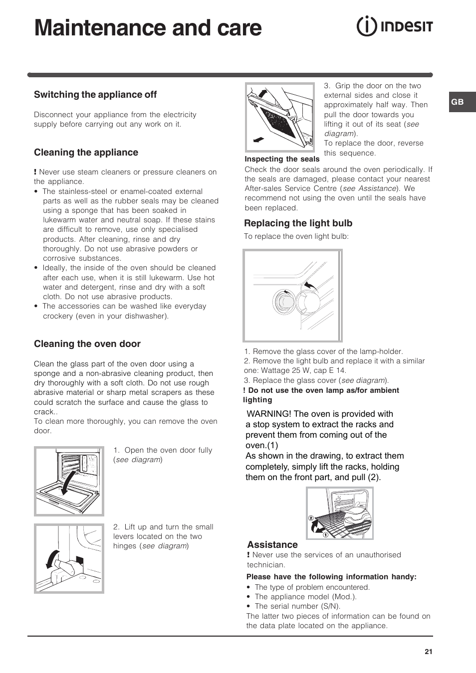 Maintenance and care | Indesit FIM-734-K.A-IX User Manual | Page 21 / 72