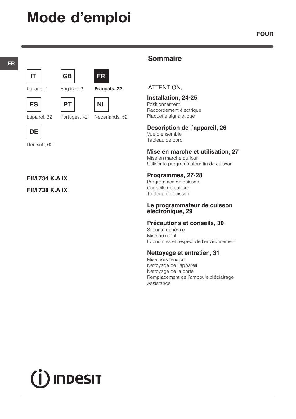 087699fr, Mode d’emploi, Sommaire | Indesit FIM-734-K.A-IX User Manual | Page 22 / 72