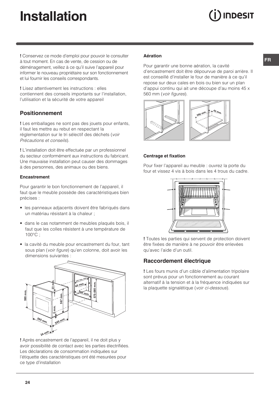 Installation, Positionnement, Raccordement électrique | Indesit FIM-734-K.A-IX User Manual | Page 24 / 72