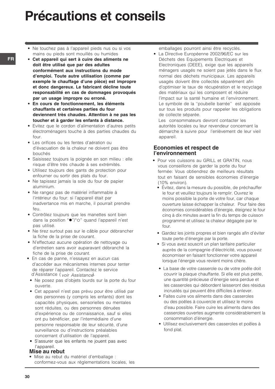 Précautions et conseils | Indesit FIM-734-K.A-IX User Manual | Page 30 / 72