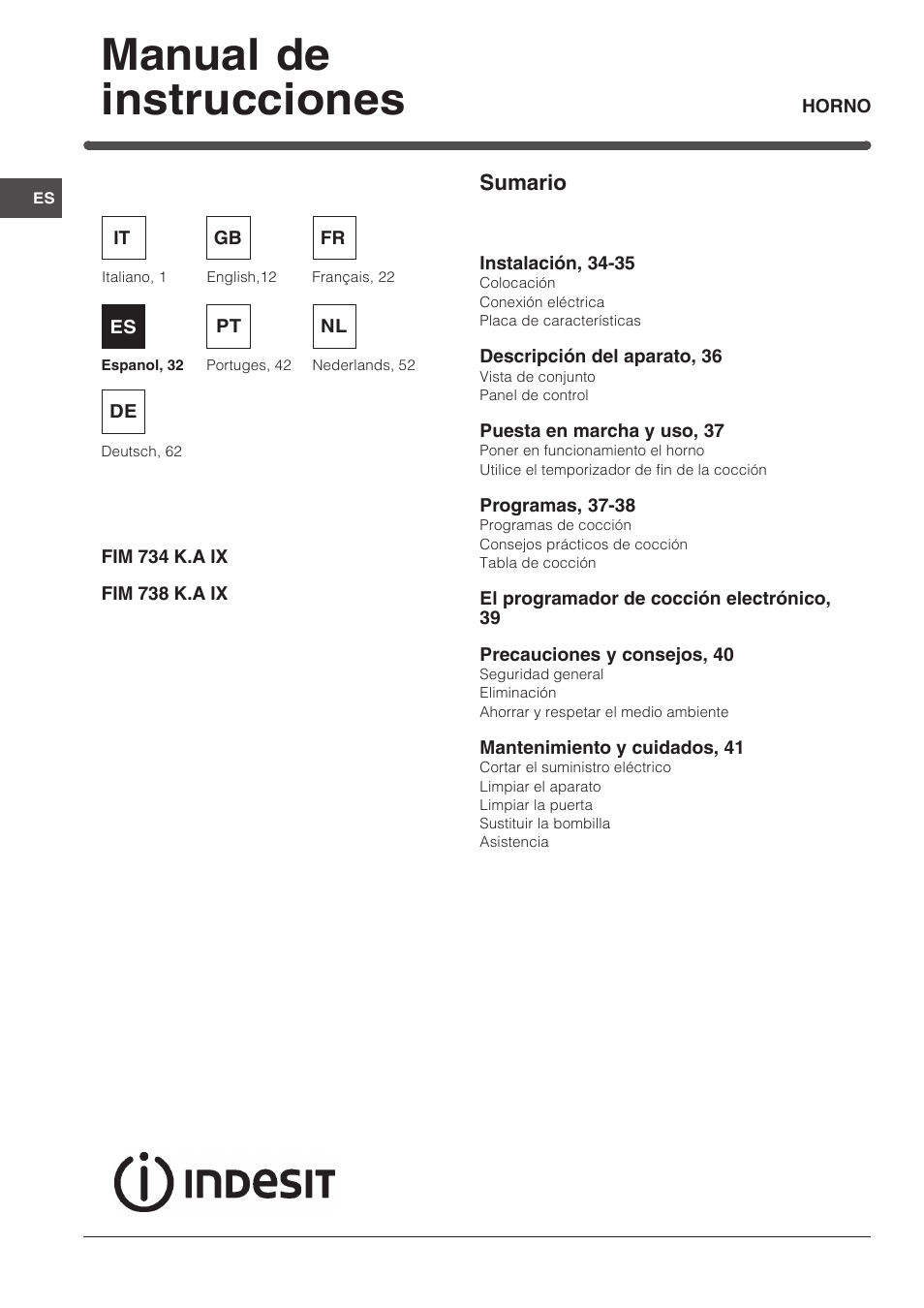 087699es, Manual de instrucciones | Indesit FIM-734-K.A-IX User Manual | Page 32 / 72