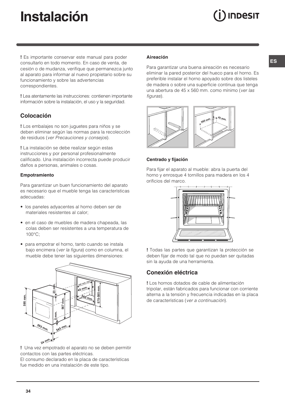Instalación, Colocación, Conexión eléctrica | Indesit FIM-734-K.A-IX User Manual | Page 34 / 72