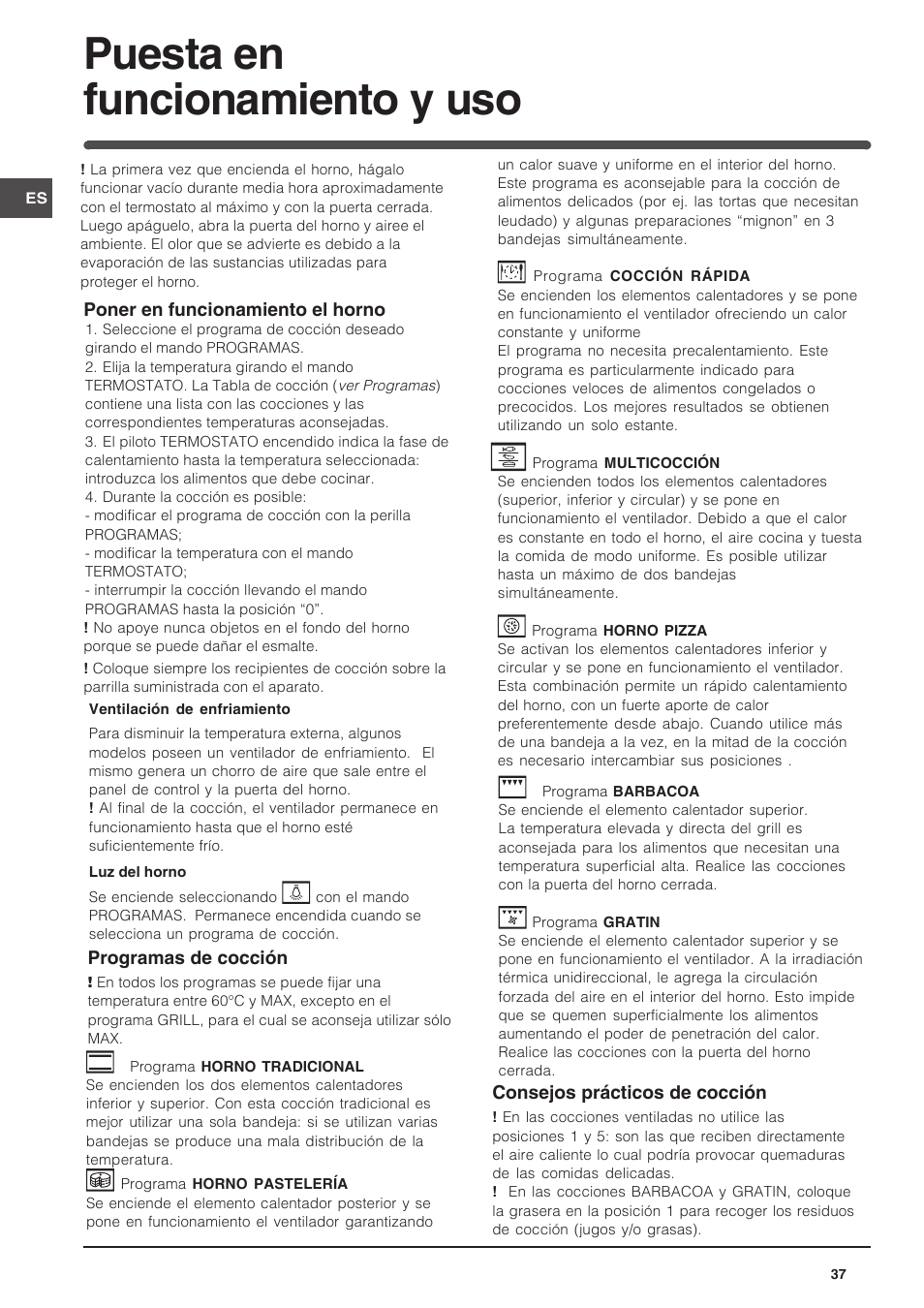 Puesta en funcionamiento y uso | Indesit FIM-734-K.A-IX User Manual | Page 37 / 72