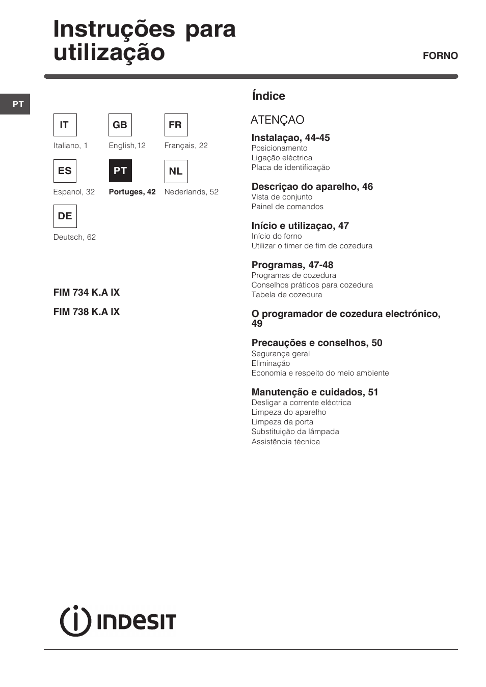 087699pt, Instruções para utilização | Indesit FIM-734-K.A-IX User Manual | Page 42 / 72