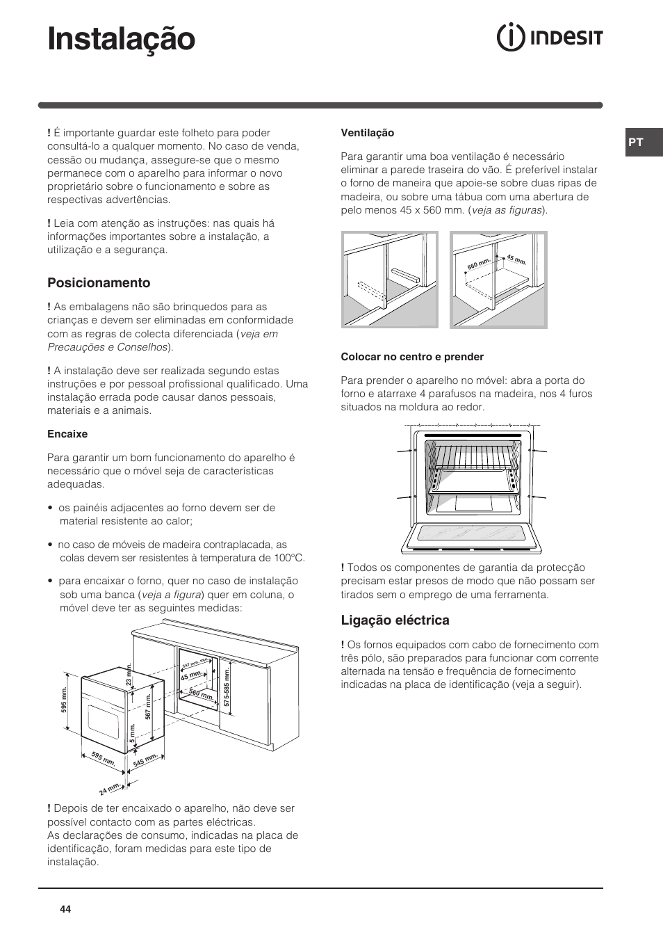 Instalação, Posicionamento, Ligação eléctrica | Indesit FIM-734-K.A-IX User Manual | Page 44 / 72