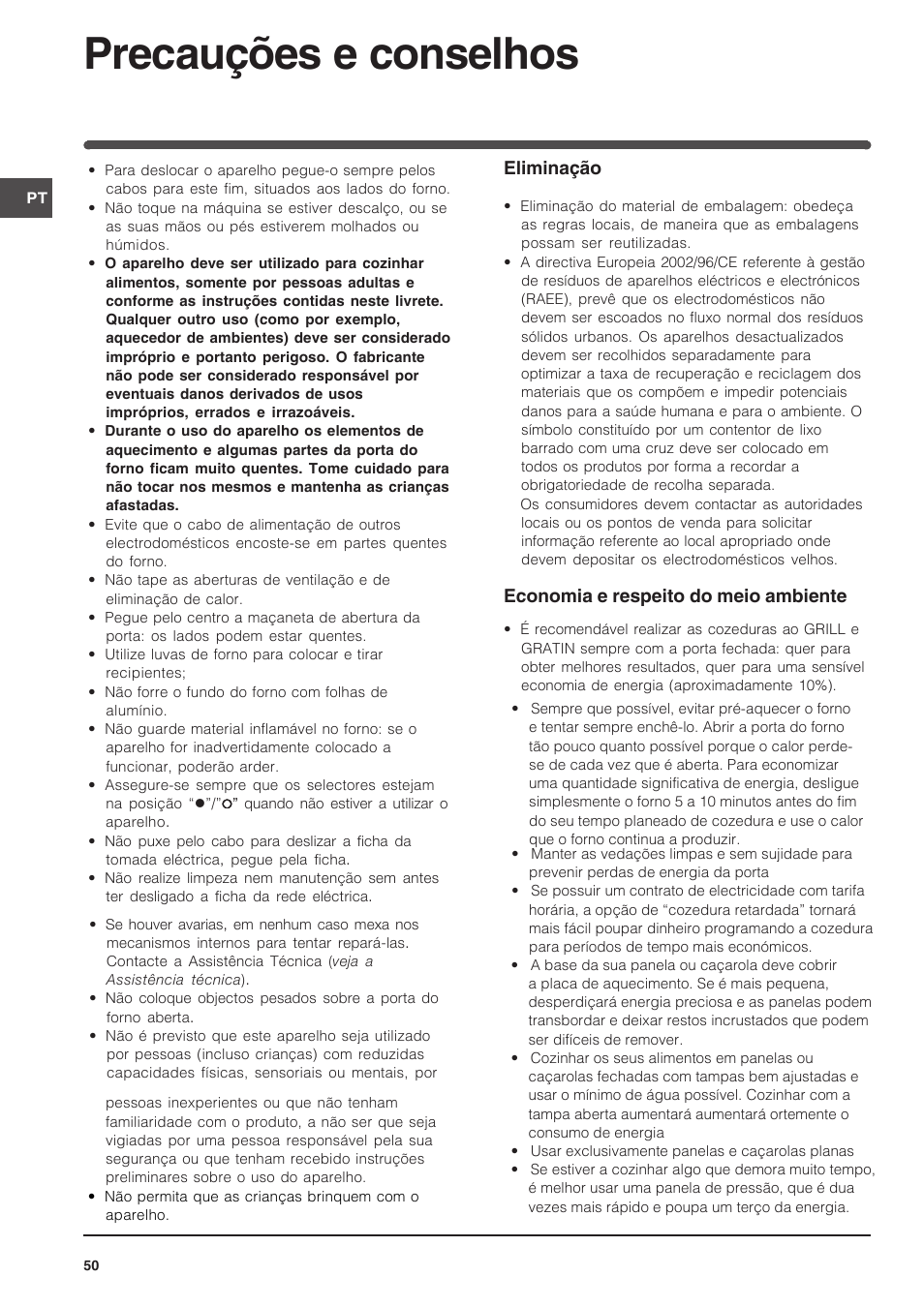 Precauções e conselhos, Eliminação, Economia e respeito do meio ambiente | Indesit FIM-734-K.A-IX User Manual | Page 50 / 72