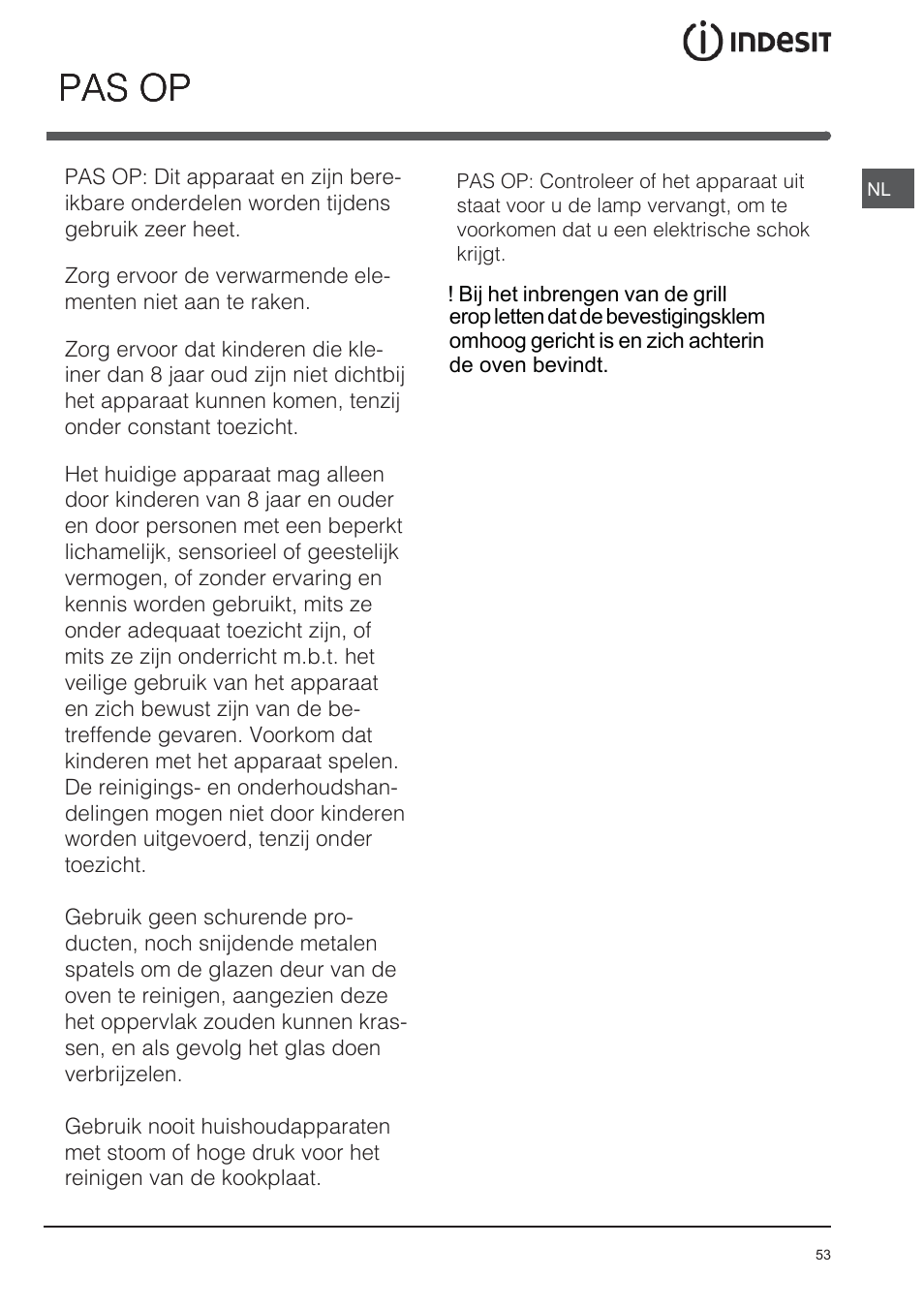 Pas op | Indesit FIM-734-K.A-IX User Manual | Page 53 / 72