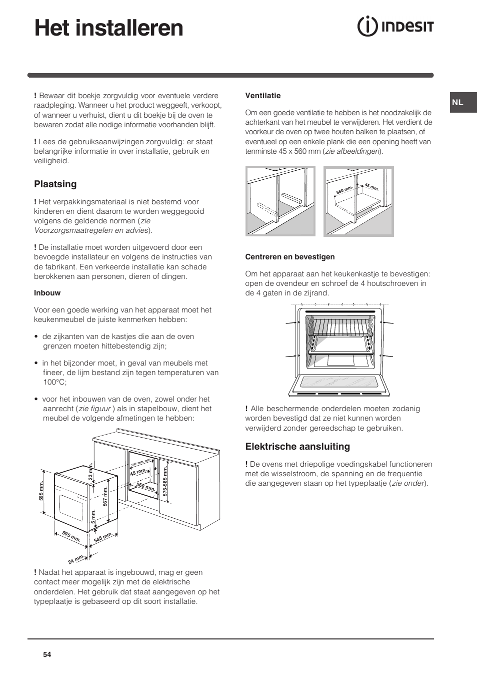 Het installeren, Plaatsing, Elektrische aansluiting | Indesit FIM-734-K.A-IX User Manual | Page 54 / 72