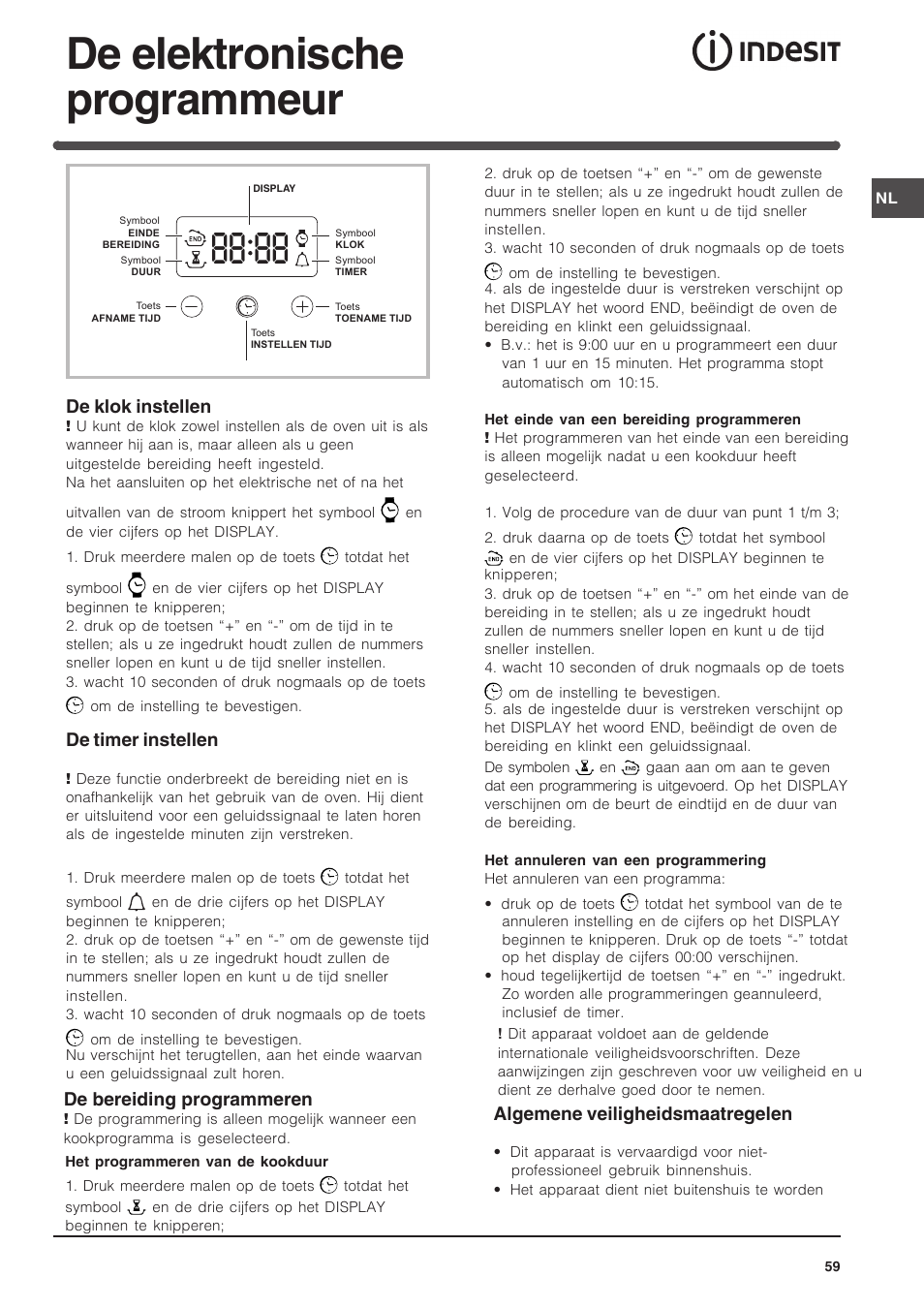 De elektronische programmeur, De klok instellen, De timer instellen | De bereiding programmeren, Algemene veiligheidsmaatregelen | Indesit FIM-734-K.A-IX User Manual | Page 59 / 72