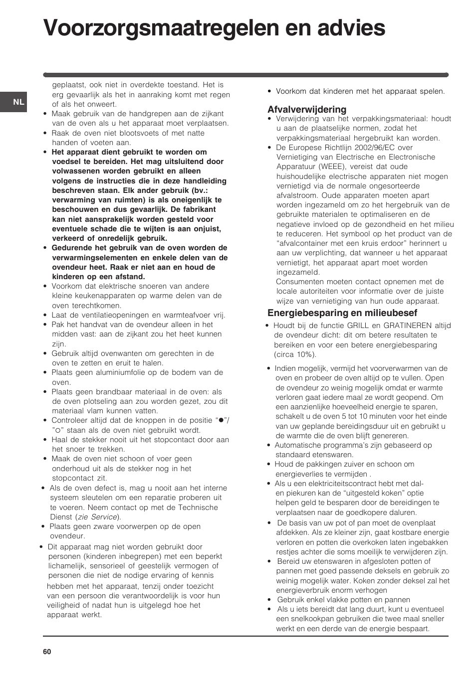 Voorzorgsmaatregelen en advies | Indesit FIM-734-K.A-IX User Manual | Page 60 / 72