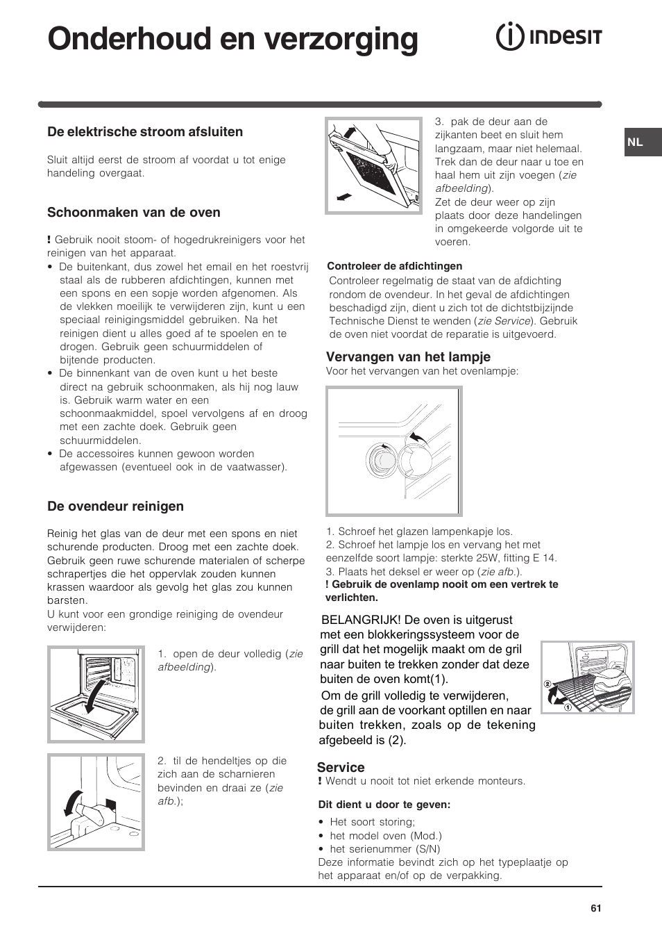 Onderhoud en verzorging | Indesit FIM-734-K.A-IX User Manual | Page 61 / 72