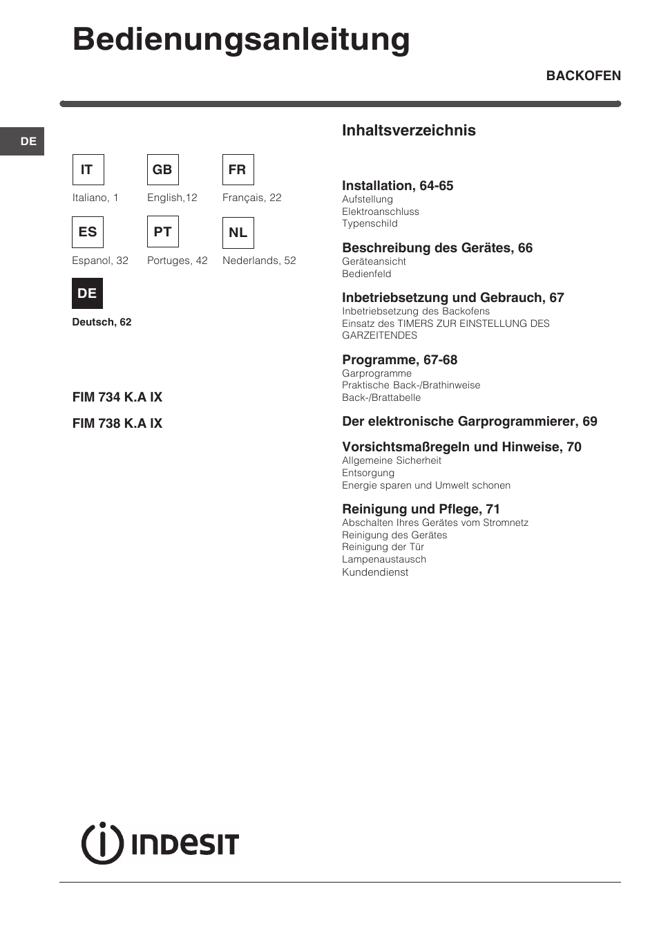 Indesit FIM-734-K.A-IX User Manual | Page 62 / 72