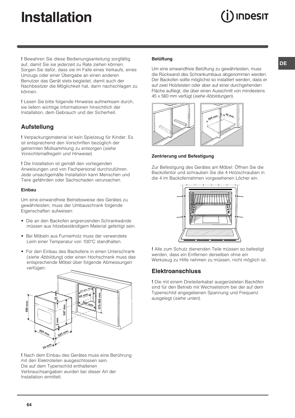 Installation, Aufstellung, Elektroanschluss | Indesit FIM-734-K.A-IX User Manual | Page 64 / 72