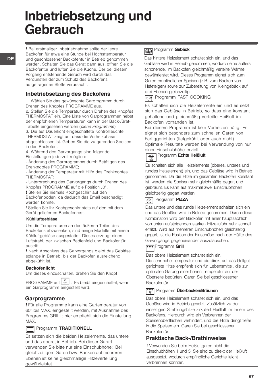 Inbetriebsetzung und gebrauch | Indesit FIM-734-K.A-IX User Manual | Page 67 / 72