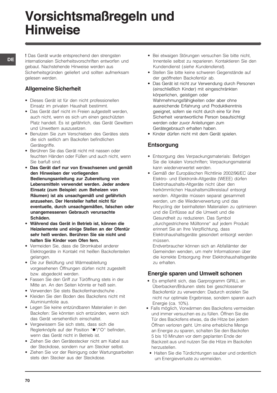 Vorsichtsmaßregeln und hinweise | Indesit FIM-734-K.A-IX User Manual | Page 70 / 72