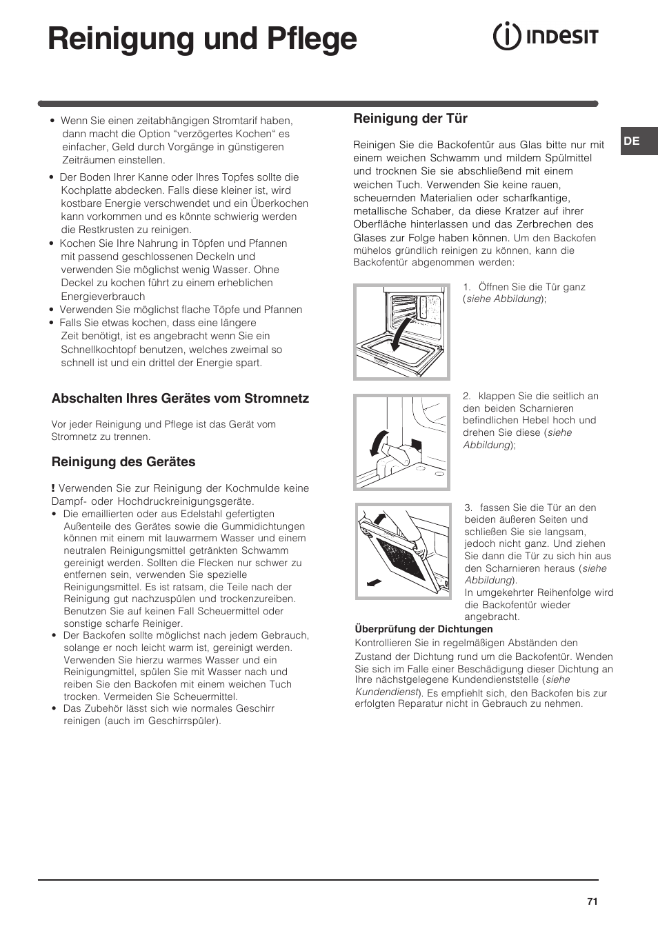Reinigung und pflege | Indesit FIM-734-K.A-IX User Manual | Page 71 / 72