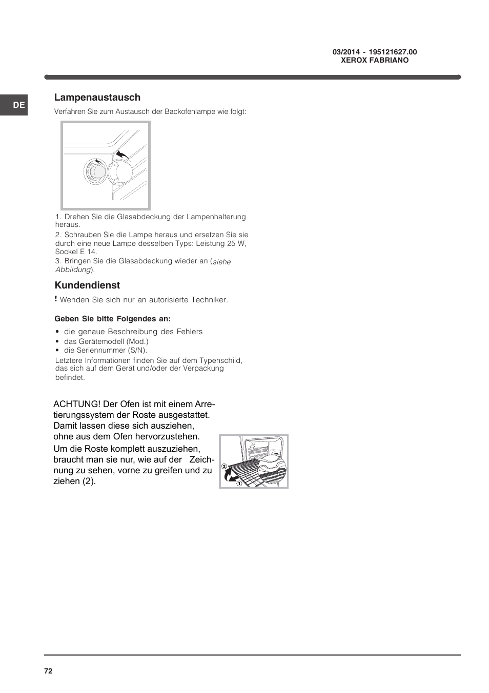 Kundendienst, Lampenaustausch | Indesit FIM-734-K.A-IX User Manual | Page 72 / 72