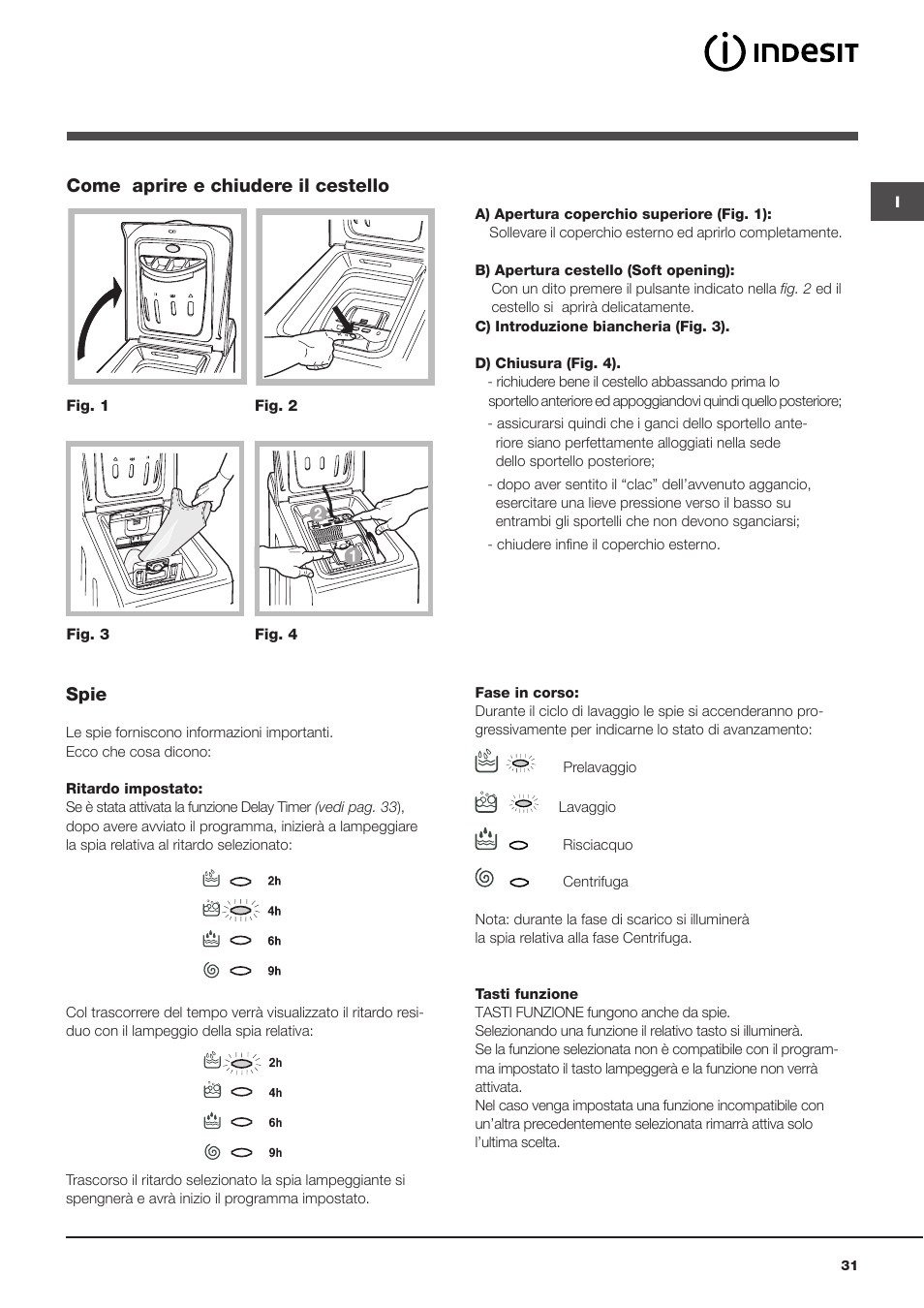 Spie, Come aprire e chiudere il cestello | Indesit WITL-861-(EU) User Manual | Page 31 / 92