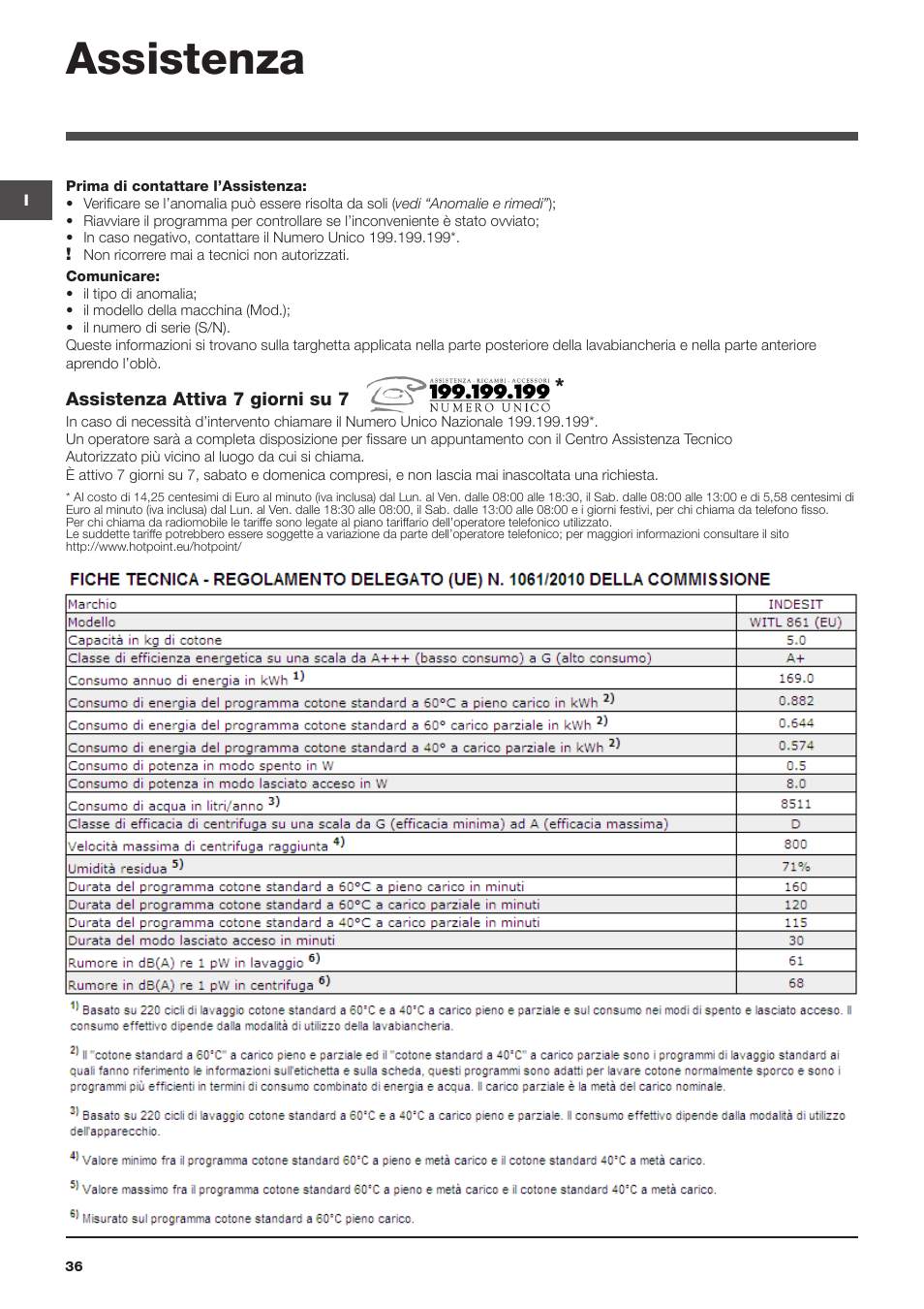 Assistenza | Indesit WITL-861-(EU) User Manual | Page 36 / 92