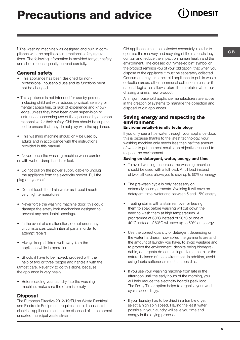 Precautions and advice | Indesit WITL-861-(EU) User Manual | Page 5 / 92